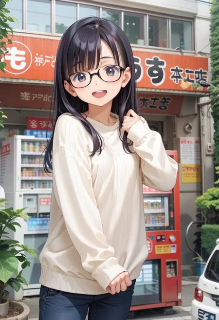 score_9, score_8_up, score_7_up, rating_safe, masterpiece, best quality, absurdres, unity 8k wallpaper, official art, official style, source_anime, uncensored, game cg, megami magazine,
1girl, solo, glasses, black hair, long hair, white ribbed sweater, happy, smile, looking at viewer, open mouth, solo focus,
moccos, scenery, storefront, japan, outdoors, plant, vending machine, road, tree, car, sign, real world location, building, street, storefront, potted plant, close-up
<lora:moccosu_pony_V1:1>