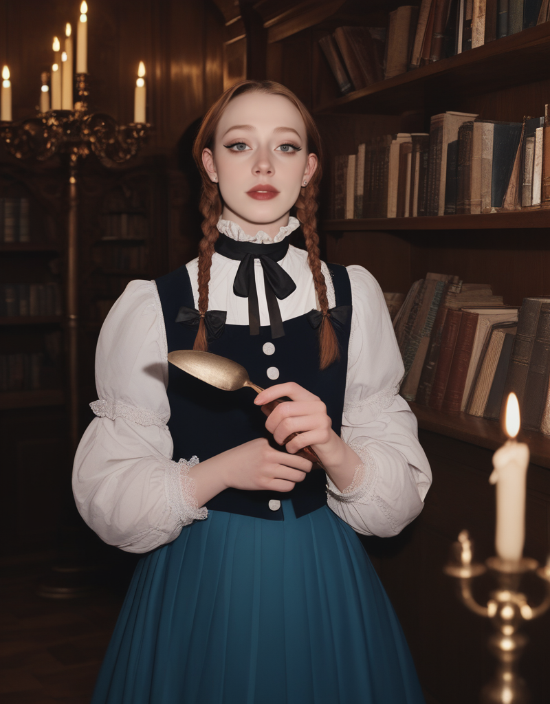 gothic dark academia, masterpiece, score_8_up, twin braids with black ribbons, Victorian-style school uniform (high-collar blouse + pleated mini skirt), standing in a candlelit library, holding a bloody quill, intense eye contact, pale skin contrasted against dark wood, haunting atmosphere,score_9, score_8_up, score_7_up, masterpiece, high quality, highres, best quality, <lora:mcnulty_epoch_10:1>
