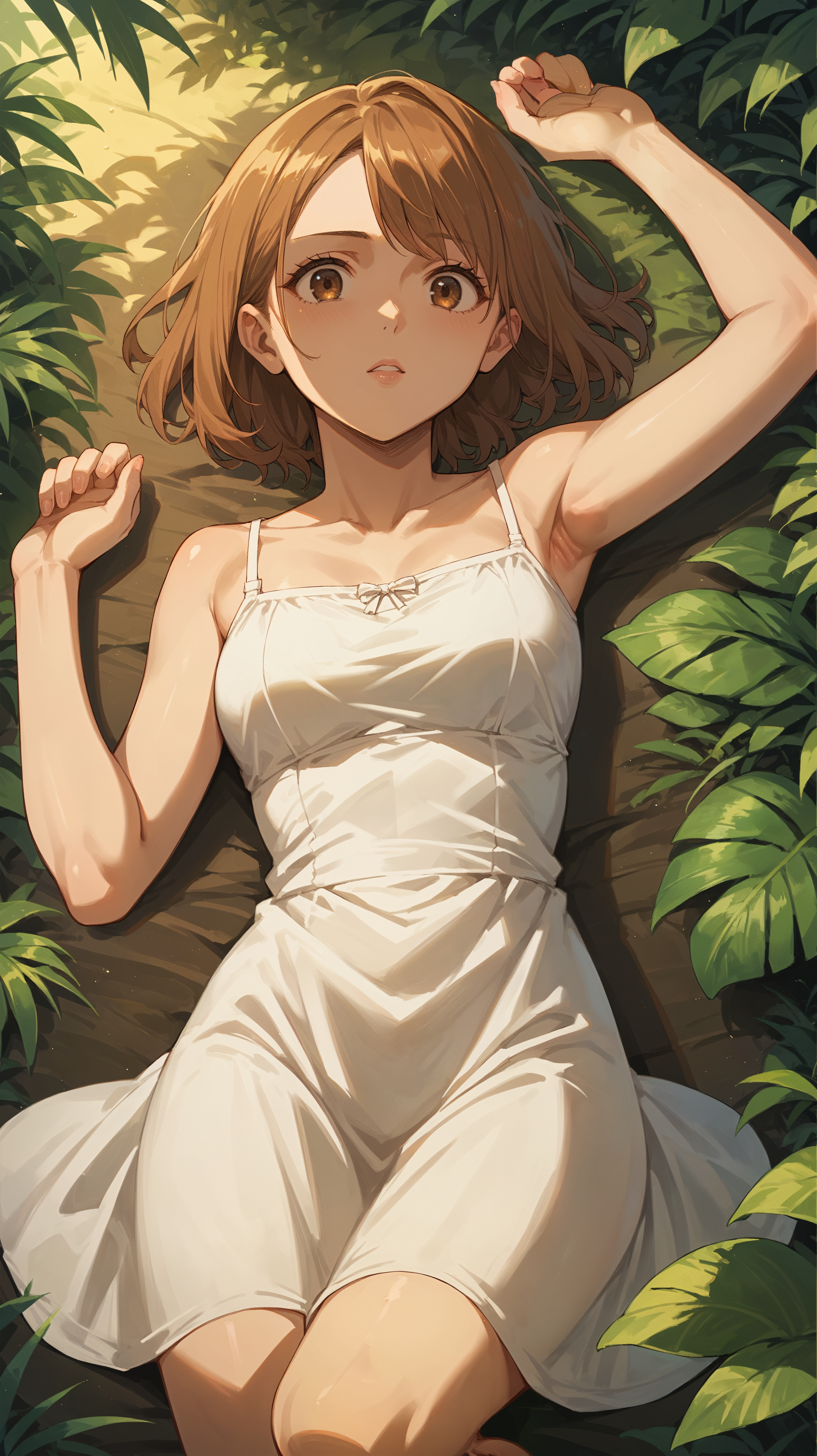 score_9,score_8_up,score_7_up,score_6_up, <lora:xl_more_art-full_v1:0.5>, source_anime, girl, dynamic pose, lying on back, perpendicular to the camera, <lora:Petra Ral - Pony-000004:0.8>, medium hair, brown hair, brown eyes, white sundress, tropical forest,