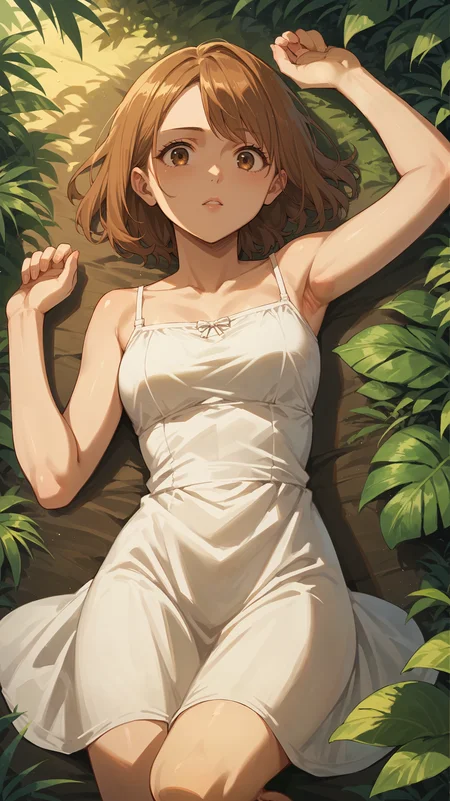 score_9,score_8_up,score_7_up,score_6_up, <lora:xl_more_art-full_v1:0.5>, source_anime, girl, dynamic pose, lying on back, perpendicular to the camera, <lora:Petra Ral - Pony-000004:0.8>, medium hair, brown hair, brown eyes, white sundress, tropical forest,