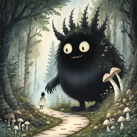 <lora:Dark_GhibliSDXL:1> Studio Ghibli Dark Fairytale, The image is a digital illustration of a forest scene. It shows a large black creature with two large round eyes and a pointed nose standing in the center of the image. The creature appears to be a monster or a creature with sharp teeth and sharp claws. It is surrounded by tall trees and bushes with a path leading up to it. On either side of the path there are small white flowers and mushrooms scattered throughout the forest. In the foreground there is a small white cat walking on the path. The background is filled with trees and foliage and the sky is visible through the trees. The overall mood of the illustration is peaceful and serene., nature, mushroom, tree, flower, outdoors, forest, 1girl, dress, white dress, scenery