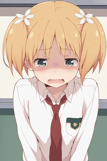 masterpiece, best quality, amazing quality,
<lora:Yuu_IL:1> yuu, 1girl, hair flower, flower, hair ornament, solo, twintails, necktie, green eyes, blonde hair, open mouth, tears, wavy mouth, shirt, school uniform, short hair, shaded face