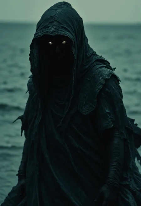 A figure rises slightly with its head out of the sea covered with an oily film, only the eyes stand out from the oily black film, a close-up of a dark, tattered hood, seemingly empty, yet from within its shadowy depths, two ghostly eyes faintly glow with a menacing, almost malevolent light. The hood belongs to a long coat that appears much darker now, with muted, almost blackened hues of deep greens, dark blues, and earthy browns. The intricate patchwork still remains, but its colors are faded and worn, giving the garment an ancient, weathered appearance, as if it has survived many eerie nights. The patterns, once vibrant, are now subdued and twisted, almost blending into the dark fabric like ghostly shapes. Despite its decayed state, the coat radiates an ancient, haunted power. The environment around the figure is nearly impenetrable, a void of darkness so deep that it feels suffocating. The glowing eyes inside the hood are the only sign of life—or unlife—casting an evil, spectral gaze from within, barely visible yet undeniably filled with malicious intent. The atmosphere is heavy with the weight of centuries of forgotten magic, making the figure’s presence feel both chilling and immense.