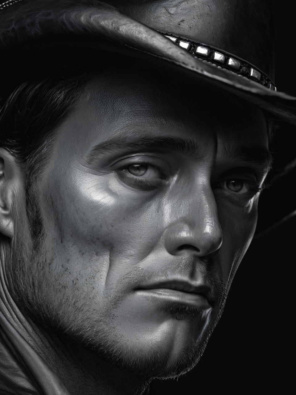 Black and white photograï¼On dark background, western cowboy half-size close-up, hyper-realism ((master work: 1.5), National Geographic photo, award-winning photo, realism, excellent work, highest quality, rich detail, panorama, sharpness, high contrast. (Film Grain: 1.4), Studio Lighting, Face Close-up, Clear Pores, Monochrome Background (Realistic: 1.2), Best Quality, Masterpiece, Ultra High Resolution. ï¼
 <lora:é²åä¸æ´¾@é»ç½æå½±SDXL:1>