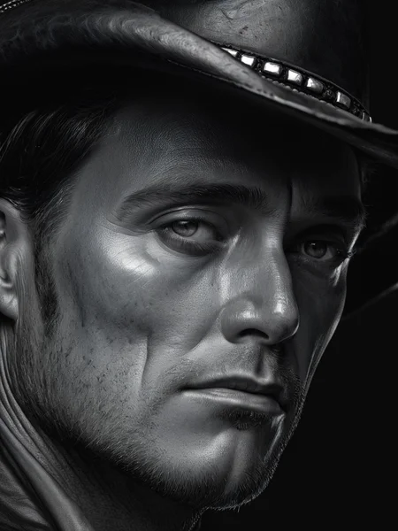 Black and white photograï¼On dark background, western cowboy half-size close-up, hyper-realism ((master work: 1.5), National Geographic photo, award-winning photo, realism, excellent work, highest quality, rich detail, panorama, sharpness, high contrast. (Film Grain: 1.4), Studio Lighting, Face Close-up, Clear Pores, Monochrome Background (Realistic: 1.2), Best Quality, Masterpiece, Ultra High Resolution. ï¼
<lora:é²å䏿´¾@é»ç½æå½±SDXL:1>