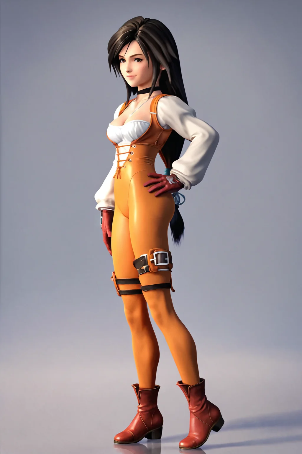score_9,score_8_up,score_7_up,masterpiece,best quality,
garnet til alexandros xvii,1girl,solo,orange bodysuit,low-tied long hair,long hair,bodysuit,black hair,gloves,full body,smile,boots,breasts,cleavage,standing,simple background,thigh strap,purple necklace,hand on own hip,closed mouth,
<lora:Garnet_PONY_XL:0.8>,