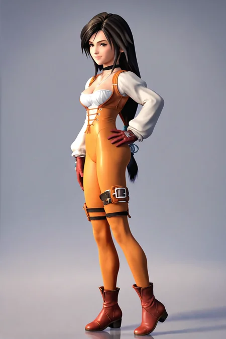 score_9,score_8_up,score_7_up,masterpiece,best quality,
garnet til alexandros xvii,1girl,solo,orange bodysuit,low-tied long hair,long hair,bodysuit,black hair,gloves,full body,smile,boots,breasts,cleavage,standing,simple background,thigh strap,purple necklace,hand on own hip,closed mouth,
<lora:Garnet_PONY_XL:0.8>,