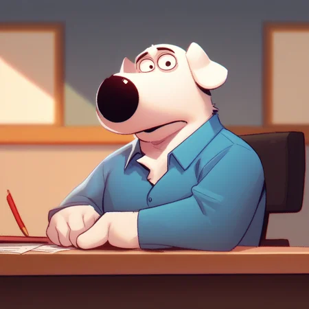score_9_up, score_8_up, score_7_up, high quality, detailed, source_cartoon, source_furry, male, solo male, 1boy, broad shoulders, mature male, black eyes, chubby, animal ears, canine, anthro, white body, bottom heavy, floppy ears, long snout, blank expression, looking at viewer, sitting at table, blue collared shirt, bust shot, half-body shot, high quality, indoors, office