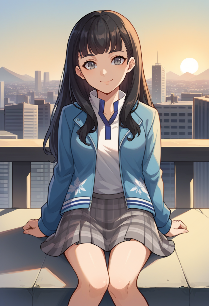 score_9, score_8_up, score_7_up, source_anime BREAK 1girl, solo,   <lora:zs_TaoXL:1> taosmtv, long hair, black hair, blunt bangs, grey eyes, jacket, shirt, grey skirt, plaid skirt, rooftop, horizon, city, sunset, looking at viewer, smile, sitting