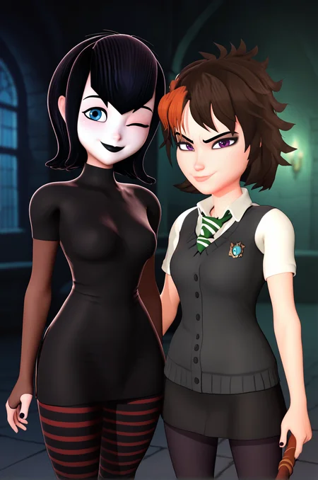 score_9,score_8_up,score_7_up, 3d, skudd style,2girls,cowboy shot,indoors, dark, castle,night,stone wall, <lora:MerulaMavisPony:0.5>
BREAK mavis, 1girl, pale skin, black hair, hair between eyes, blue eyes, turtleneck, black and red striped pantyhose, black short dress, turtleneck, smile, arms at sides, short over long sleeves, maroon bridal gauntlets, black lips, looking at viewer, (arms behind back:0.6), one eye closed, black dress,leaning to the side, head tilt,
BREAK merula 1girl, hogwarts school uniform, green and white necktie, purple eyes, wand, brown hair, black pleated skirt, pink, short hair, black nails, holding wand, smug, looking at viewer, grey sweater vest, white collared shirt, streaked hair, standing, tsurime, lips, messy hair, eyeshadow, closed mouth, open collar, black pantyhose, short sleeves, small wand,