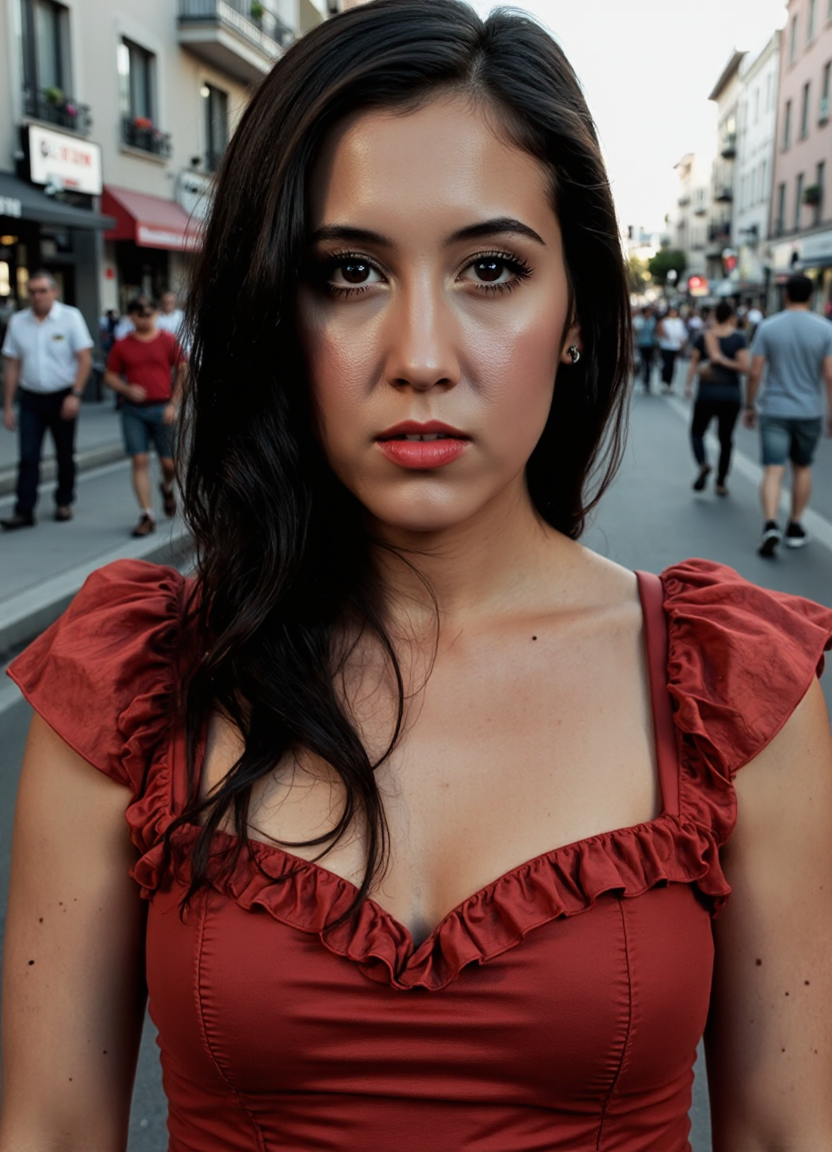 SFW, brightly lit, The image is a black and white portrait of a woman with dark hair styled in loose curls. She is wearing a red dress with ruffles on the shoulders and neckline. The woman is looking directly at the camera with a serious expression on her face. The background is blurred, but it appears to be an outdoor setting with people walking around. The overall mood of the image is dramatic and edgy., aidmaimageupgrader<lora:flux\custom\celebrity\vanessa-carlton.safetensors:1.05:1.05> <lora:flux\turbo-8-step-flux.safetensors:0.5:0.5> <lora:flux\style\Common\aidmaImageUprader-FLUX-v0.3.safetensors:0.25:0.25>