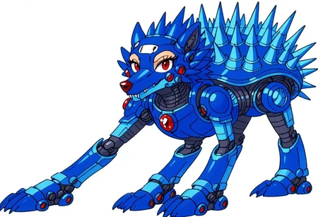 source_furry, hari harry, friender, wolf, hedgewolf, megaman, megaman3, needle wolf, spikey shell, red eyes and gem (on body), claws, robotic, friender, hedgewolf, spike, spike head, spikey shell, boss, robot, solo, (female:2), full body, looking at viewer, simple background, anthro, Artifyber_style, kind, calm