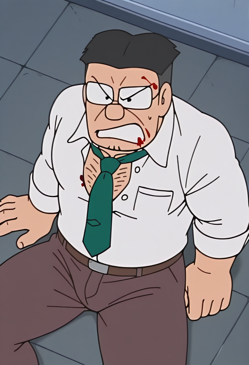1boy, torn clothes, unbuttoned, large pectorals, chest hair, on ground, getting up, hand on ground, blood on clothes, blood on face, angry, from above, thick thighs, 
BREAK
senseiofnobita, mature male, glasses, black hair,
BREAK
green necktie, white shirt, brown pants,
BREAK
best quality, masterpiece, very aesthetic, absurdres, highest detailed, very awa, newest, lineart, <lora:Sensei_from_late_Doraemon_Åyama_edition_v0.1:1>