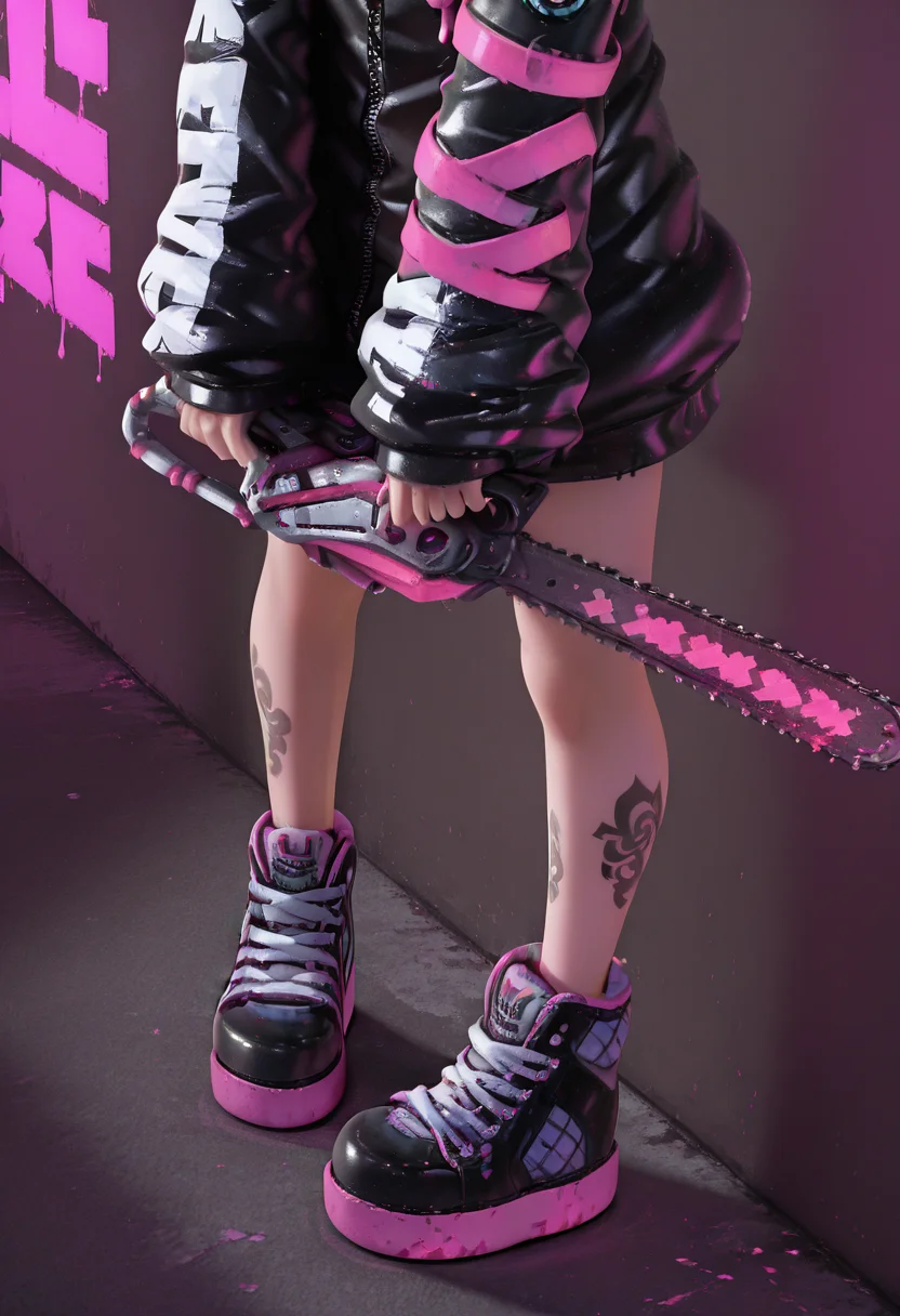 masterpiece, best quality, (zzH0ld, shoes, black footwear, tattoo, sneakers, pink footwear), zzH0ld, illuminated by neon blue and pink lights, cyberpunk cityscape in the background, sleek augmented tattoos glowing beneath their skin, metallic spikes on their jacket, holographic jewelry shimmering, circuitry-styled leg tattoo pulsing, futuristic high-tech aesthetic, cold mechanical stare skinny, petite, 1girl, standing, from above, (foot focus:1.2), one leg up, foot on bench, (platform footwear:1.2), (from side:0.8), (tattoos), ,<lora:HoldXcute_IXL:1.0>,