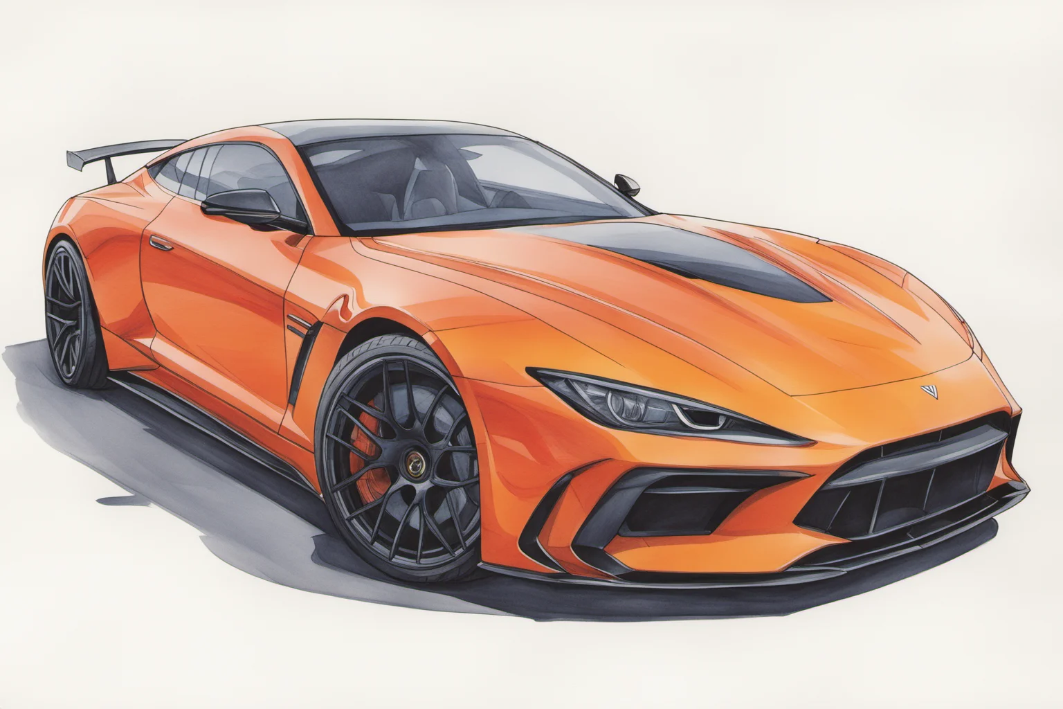 colored marker rendering of a sports car, concept art, sporty, fast, high performance, ((symmetric-design)), crisp lines, sketch, illustration, illustrative, marker drawing, expressive strokes, graphic, sharp, crisp, in-focus, uncropped, high-quality <lora:MercedesAGTGTCoupe:0.8>