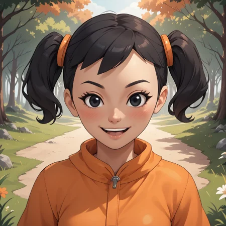 score_9, score_8, BREAK, solo, mii, wii, black hair, twintails, black eyes, dot eyes, blush, open mouth, teeth, orange clothing, black pants, sneakers, wii music, female mii, 1girl, Naoko_(\Wii_Music\), Nintendo Mii, modern_mii, classic_mii, cute, small breasts, sexy pose, self portrait, smile, outdoors, sunlight, shadows, evening lighting, natural lighting, forest, trees, grass, orange sky, sunset