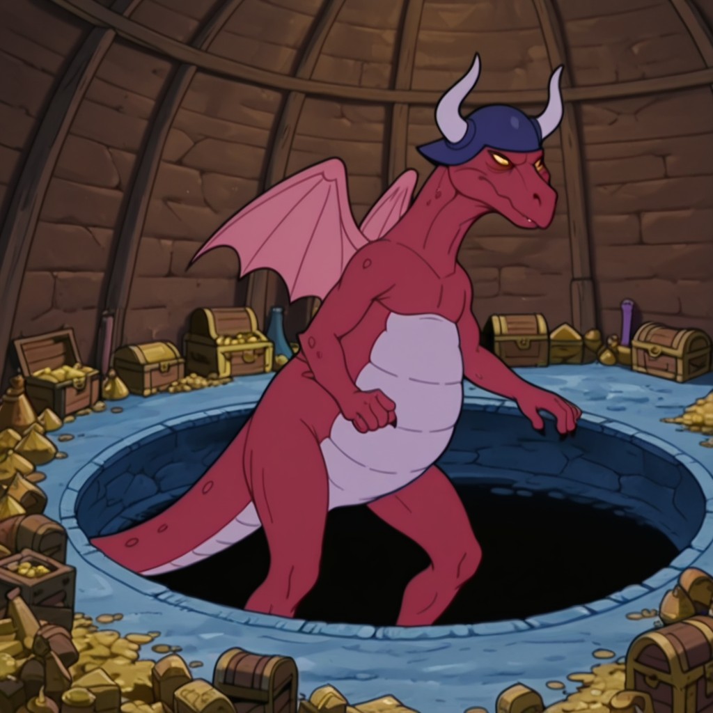 masterpiece, best quality, absurdres, highres, GranamyrMOTUil, semi-anthro, male dragon, red scales, yellow eyes, wings, grey helmet, horned helmet, in hole, partially underground, inside, treasure, treasure chest, solo,standing, <lora:248eb00b-5289-4131-925a-d6cbeb55aa8a:1.0>