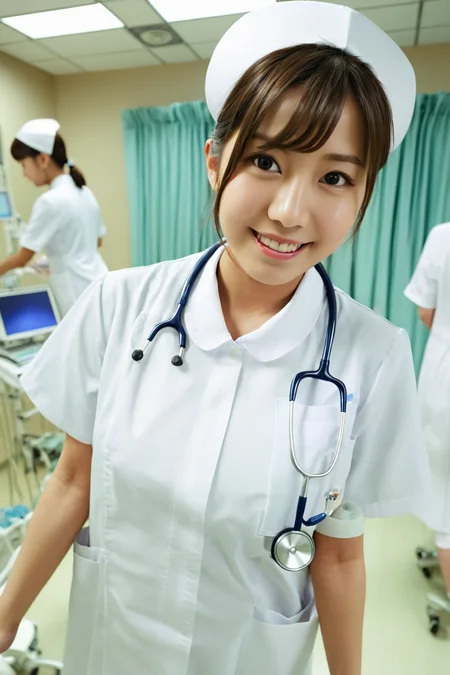 (RAW photo, best quality), wide angle photo, masterpiece, 1girl, natural lighting
hospital, operating room,
(((White))) nurse uniform smooth, nurse, nurse hat, stethoscope,
akb48, light smile,
dslr, focused, blurred background,
<lora:nurse_uniform_xl_v1_1-000003:1>