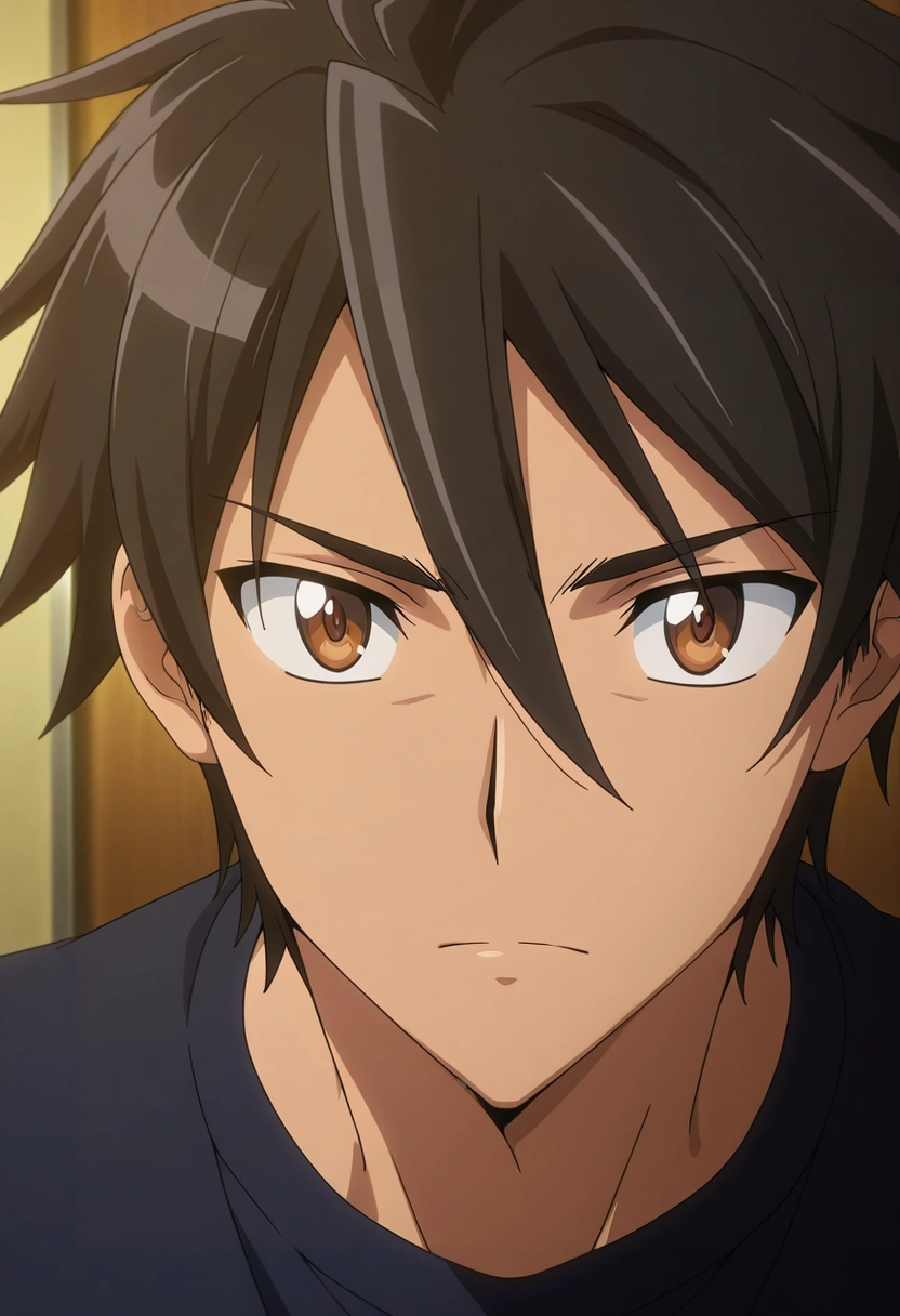 masterpiece, best quality, , anime screencap, , , looking at viewer, 1boy, solo, male focus, <lora:takashi_komuro_ilxl:0.92>, takashi_komuro, black hair, brown eyes, short hair, hair between eyes, ,