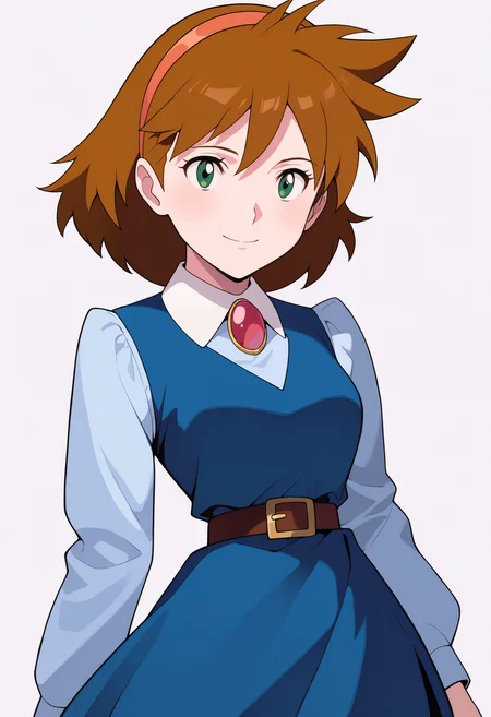masterpiece, best quality, very aesthetic, absurdres,
1girl, janebuxton, brown hair, short hair, green eyes, hairband,
brooch, long sleeves, blue vest, dark blue dress, belt,
upper body,
looking at viewer, solo, smile, simple background, white background, <lora:JaneBuxtonNoobXL_byKonan:1>