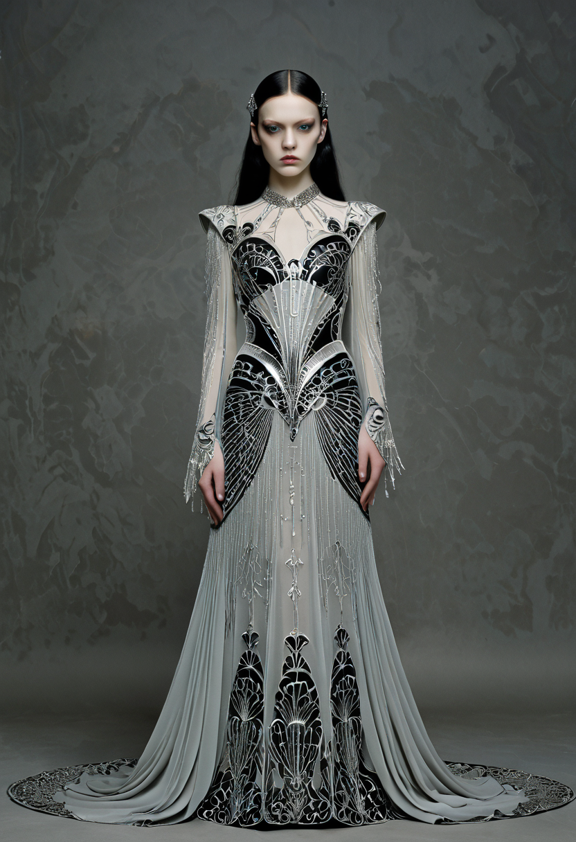 Gothic style <lora:Princess-OC_v2-000005:1>,Ada Gladys Killins,1girl,<lora:Alexander McQueen-art deco:1>,Alexander McQueen art deco, . Dark, mysterious, haunting, dramatic, ornate, detailed