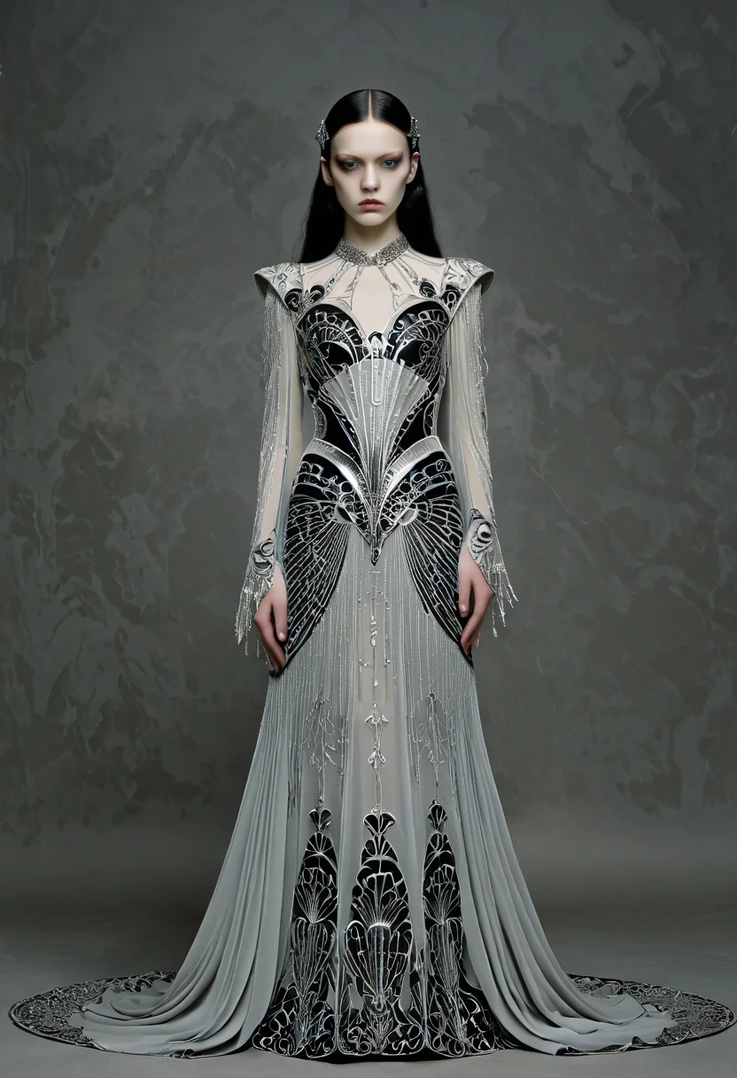 Gothic style <lora:Princess-OC_v2-000005:1>,Ada Gladys Killins,1girl,<lora:Alexander McQueen-art deco:1>,Alexander McQueen art deco, . Dark, mysterious, haunting, dramatic, ornate, detailed
