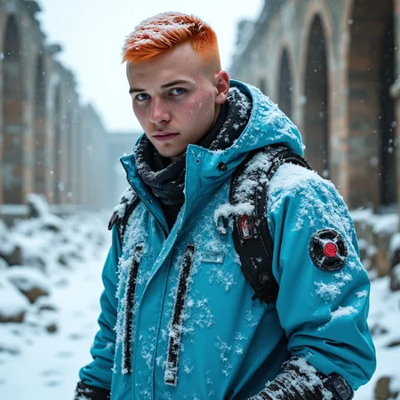 frostpunk style hardened youngMoxie male (covered in snow, frost, and/or icicles), mature with tangerine buzzcut, bionic_eyes, wearing a electric blue icy windbreaker, snow-traction boots, heating unit, set in frozen ruins, haunted by the ghosts of the past, their whispers carried on the wind. ,, <lora:flux_trainer/frostPunk_v1.1>, <lora:scifi/moxiePunk_v3S.safetensors:1.0>,