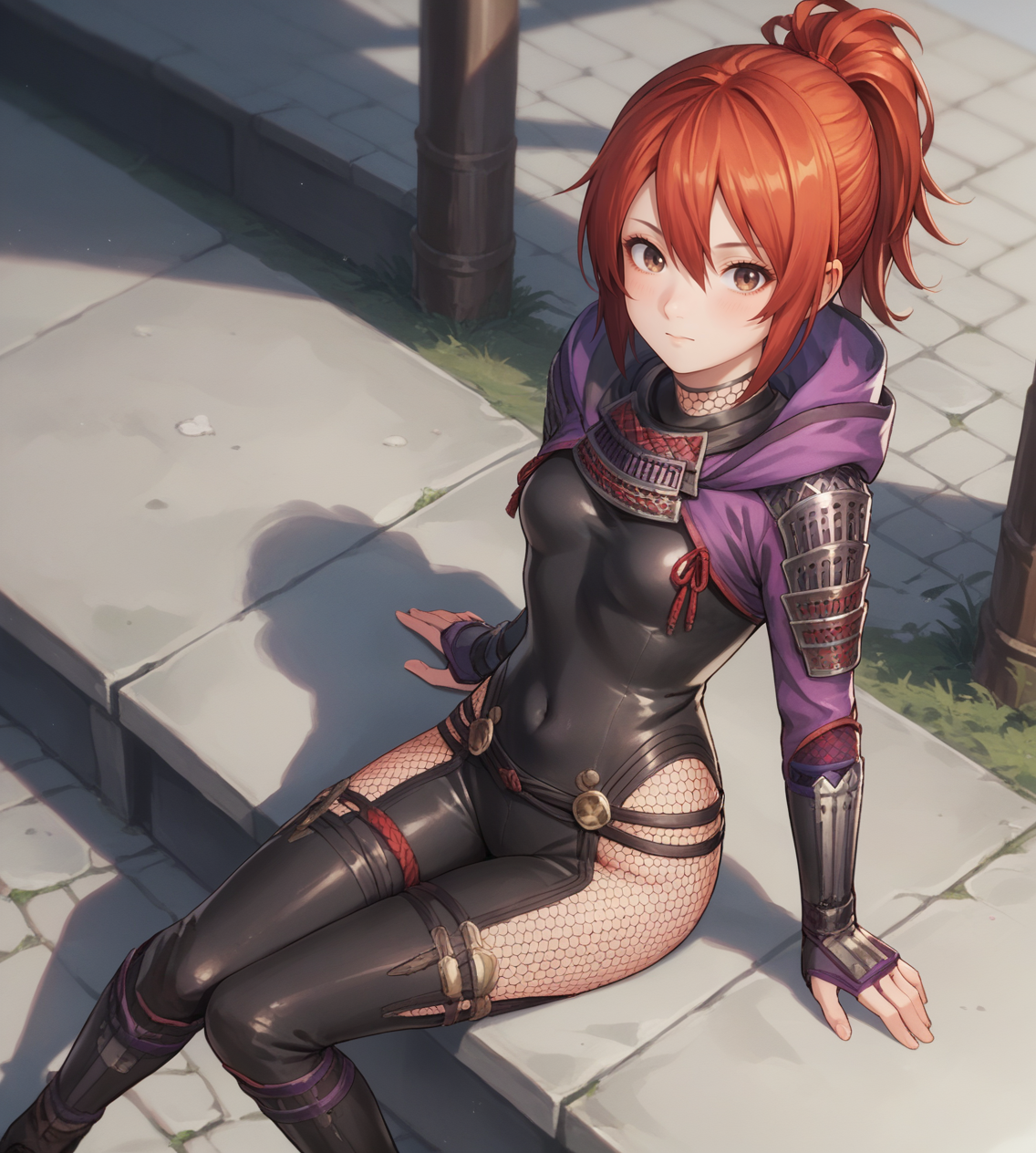 score_9,score_8_up,score_7_up,score_6_up,source anime BREAK, 
1girl, solo, sitting, from above, mitsuki, red hair, ponytail, outdoors, bodysuit, fishnets, hood down, brown eyes, looking at viewer
 <lora:mitsuki-000010:0.7>