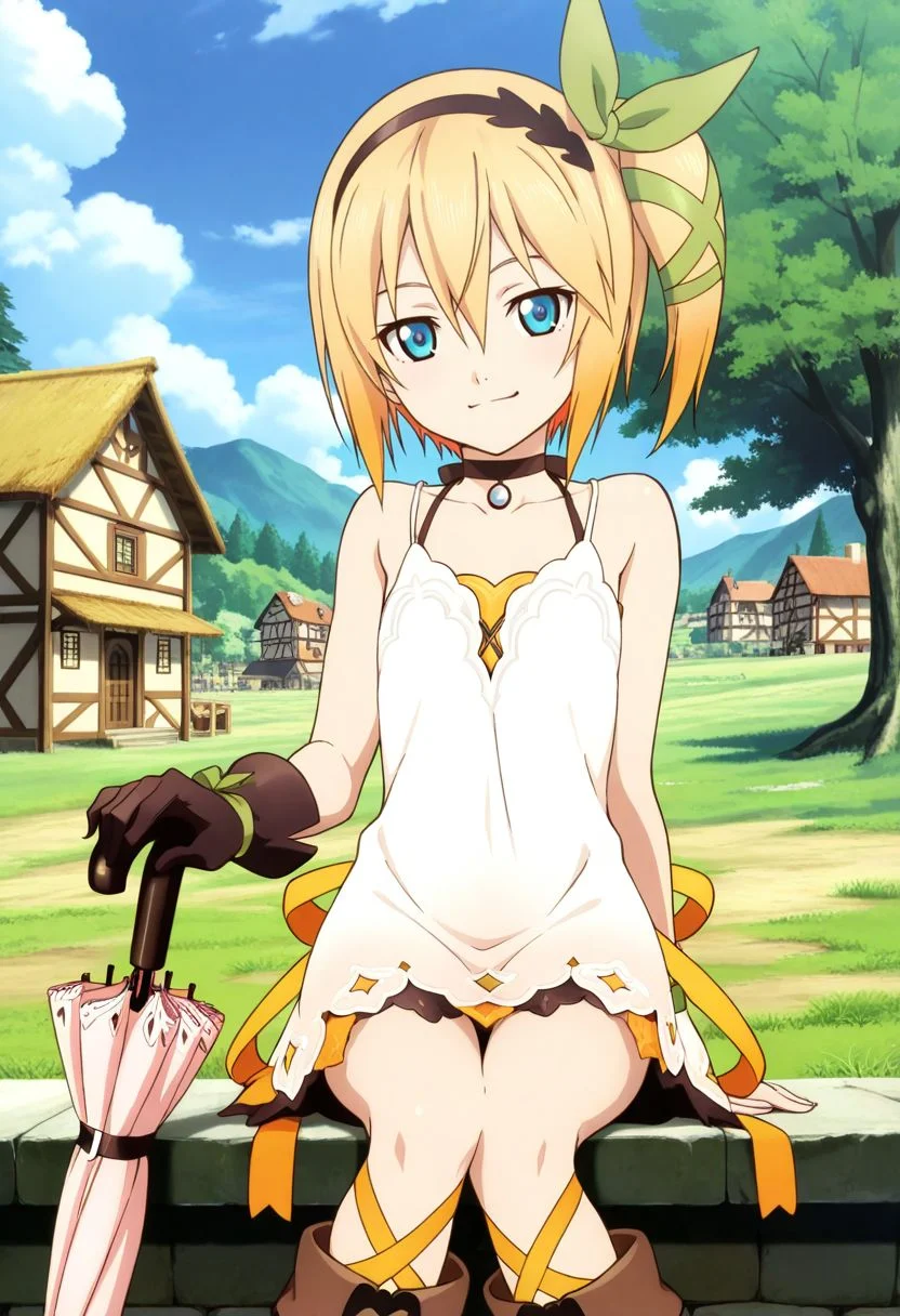 detailed eyes, beautiful, detailed background, perfect eyes,
source_anime, very aesthetic, anime coloring,
<lora:HandFineTuning_XL:1>
BREAK,
village, trees,
cowboy shot, flat chest, sitting, smirk,
BREAK,
<lora:edna_illustrious_v01:0.9>
ednabase, short hair, blonde hair, multicolored hair, orange hair, blue eyes, hair between eyes, bow hairband, hair bow, hair ribbon, side ponytail,
white dress, sleeveless dress, single glove,
boots, leg ribbon, umbrella,