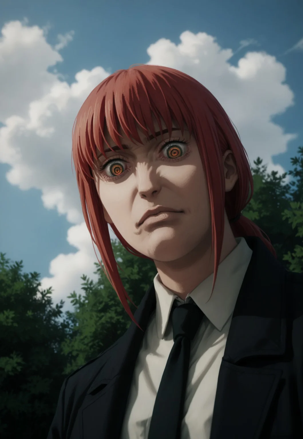 score_9, score_8_up, score_7_up, score_6_up, male, solo, YelenaFacePrdy, shaded face, closed mouth, outdoors, trees, clouds, 1girl, mak1ma0, red hair, long hair, ringed eyes, close up, looking down at you, low angle view, contrast shadows, blackjacket, white collared shirt, black necktie,