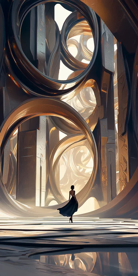 elegant woman, futuristic explorer, flowing high-fashion attire, exploring an alien world, floating monoliths, mysterious energy, surreal atmosphere, dreamlike lighting, intricate alien architecture, glowing glyphs, Remedios Varo inspired, sci-fi fantasy, cinematic composition, ultra-detailed textures, hyper-realistic, ethereal mood, cinematic, rich film texture, high-contrast, deep tonal range, --ar 1:2 --quality 2 --style raw --p --stylize 80