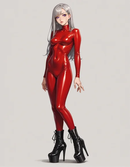 score_9, score_8_up, score_7_up, score_6_up, score_5_up, score_4_up, 1girl, portrait, photography, Gal, Average Height, Skinny, Oval Face, Fair Skin, Gray Hair, purple Eyes, Short Nose, Full Lips, Receding Chin, Long Hair, Coarse Hair, Side Bangs, full breasts, Clip-on earrings, burgundy, metallic lipstick, hud_pl3aser_ad0re1020, red platform high heel ankle boots, <lora:hud_pl3aser_ad0re1020_XLP:0.8>,