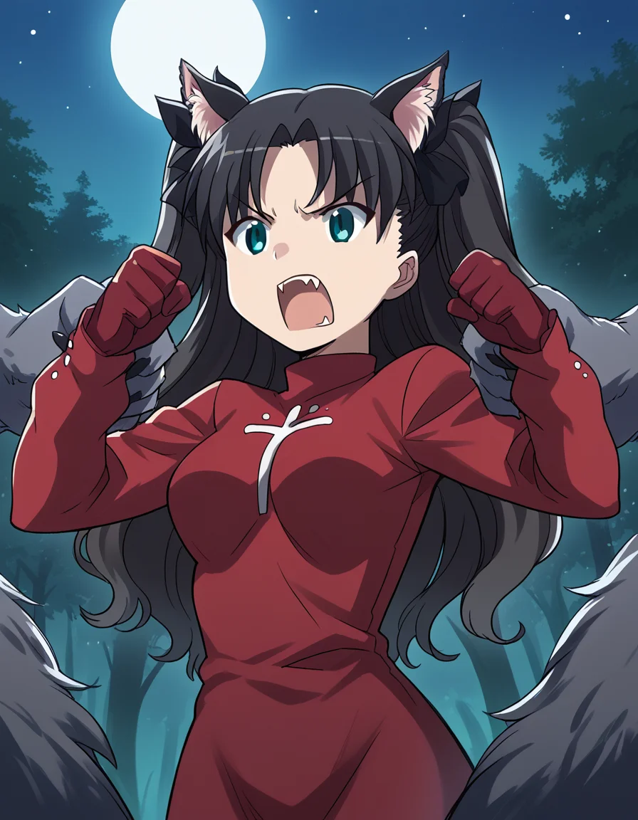 score_9, score_8_up, score_7_up, source_anime, <lora:carnivalphantasm-rin-tohsaka-ova-ponyxl-lora-nochekaiser:1>, rin tohsaka, aqua eyes, black hair, hair ribbon, long hair, ribbon, sidelocks, two side up, parted bangs, medium breasts,, <lora:werewolf-ponyxl-lora-nochekaiser:1>, werewolf, furry, fangs, animal ears, gloves, angry, teeth, animal ear fluff,, forest, night, moon, open mouth, , dutch angle, cowboy shot