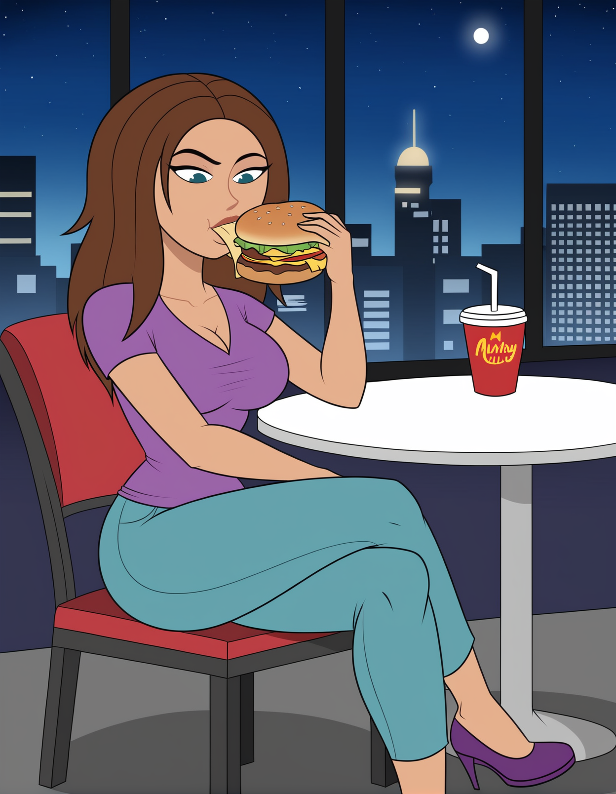 source_cartoon, rating_safe, flat color, BREAK <lora:bonnieRockwallerXL_LoRA-C3Lier_AdamW_Dim16_Alpha16_UN-3e-4_TE-1.5e-4_10batch_ponyDiffusionV6XL_v6StartWithThisOne:1>, bonnie rockwaller, 1girl, dark-skinned female, brown hair, long hair, medium breasts, looking down, shirt, pants, eating, burger, cup, mcdonald's, sitting, crossed legs, table, chair, window, night, city lights, skyline, city, cityscape