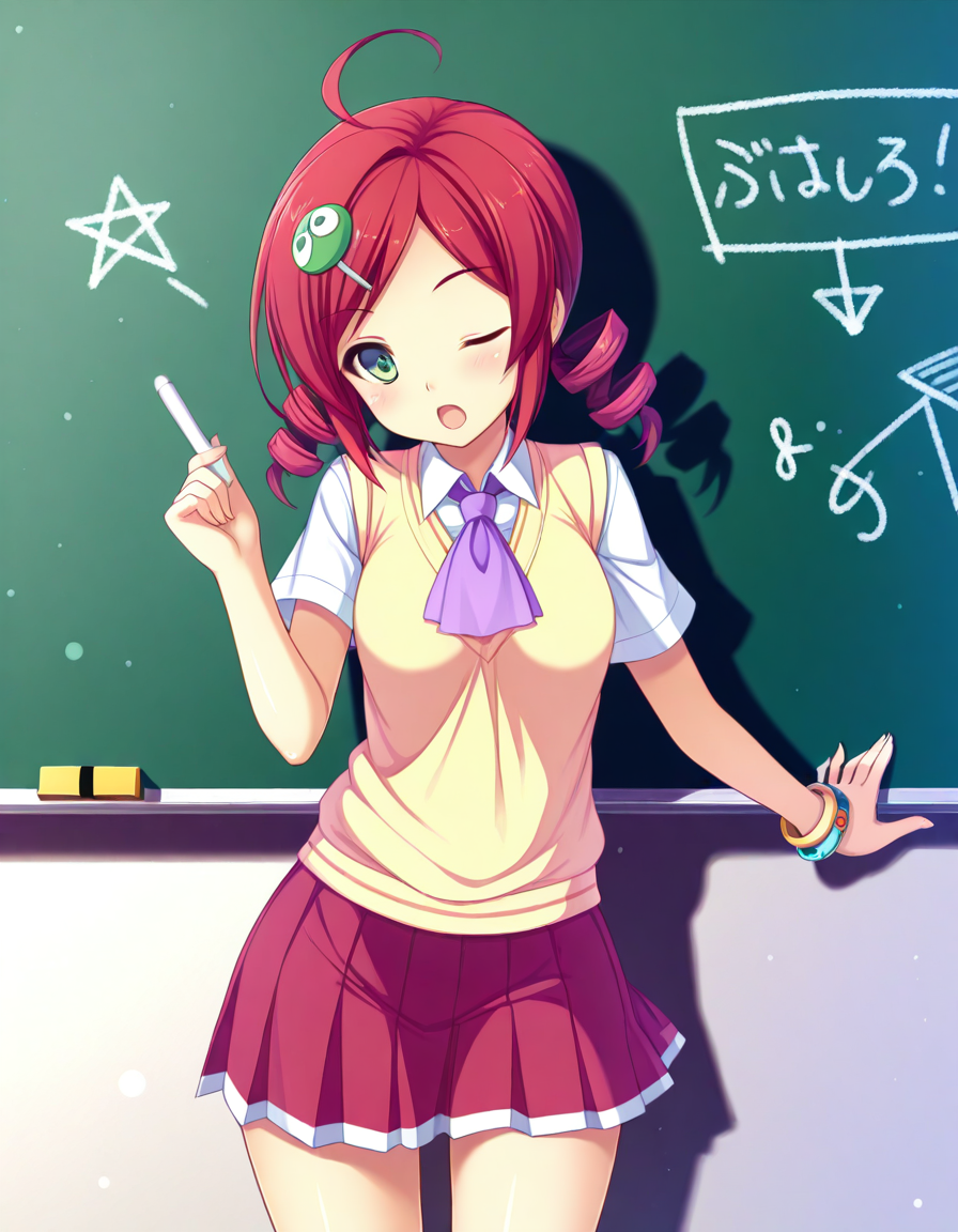 <lora:PAndouRingo_SDXL_Illustrious01_fp16_ver01:1>,PAndouRingo, 1girl,solo,red hair,green eyes,twin drills,character hair ornament,school uniform,ascot,sweater vest,bracelet,red skirt, ,chalkboard,cowboy shot, chalk, one eye closed, open mouth, graph,, masterpiece, best quality, very aesthetic, absurdres,<lora:detailed_hands:1>,hand