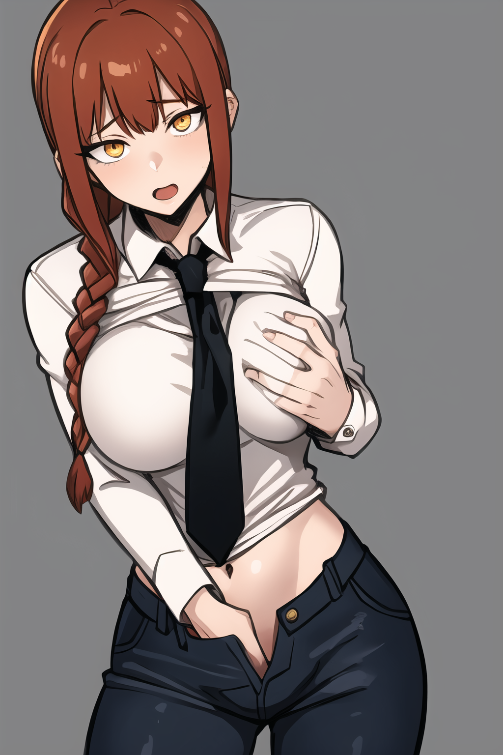 masterpiece, best quality, ultra-detailed, 1girl,  hand in pants, makima \(chainsaw man\), red hair, long braided hair, golden eyes, bangs, medium breasts, white shirt, necktie, black pants,  female masturbation, grabbing own breast