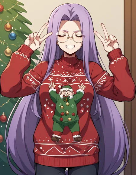 score_9, score_8_up, score_7_up, source_anime, <lora:medusa-rider-hf-movie-ponyxl-lora-nochekaiser:1>, medusa rider, long hair, very long hair, purple hair,, long sleeves, glasses, low-tied long hair, medium breasts, <lora:christmas-sweater-ponyxl-lora-nochekaiser:1>, christmas sweater, christmas, ugly sweater, print sweater, red sweater, christmas tree, christmas ornaments, sweater, multicolored sweater, , v, smile, hands up, teeth, closed eyes, cowboy shot,