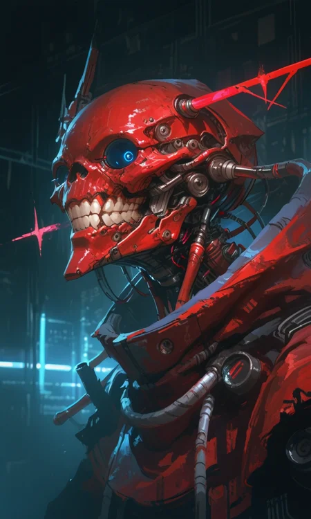 A digital painting of a red skeletal humanoid with a hooded cloak set against a dark futuristic background with red and blue lights. The creature's menacing grin and mechanical details create a sci-fi horror atmosphere, very close, sketch lines, side_view <lora:- iLL - the_edgy_mech_V3.0-step00016000:1>