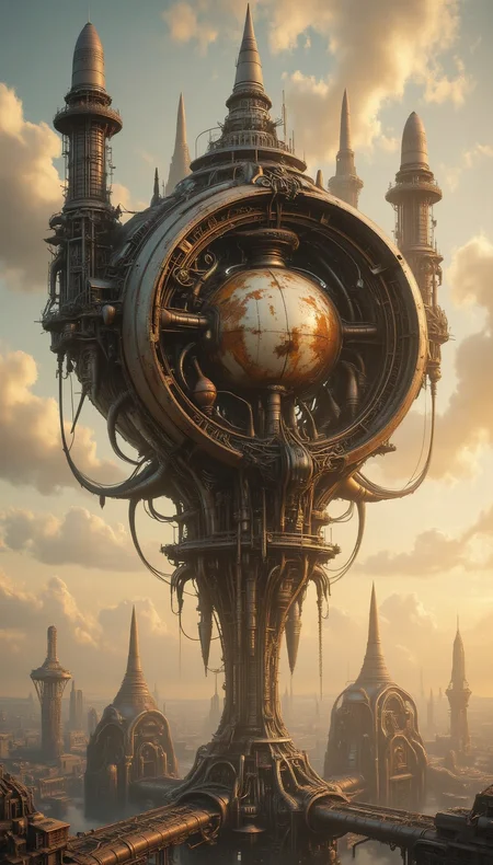 a digital artwork depicting a futuristic, high-tech, and fantastical structure resembling a towering, industrial machine, the structure is intricately designed with a large, circular, white, cylindrical boiler at the center, surrounded by numerous smaller, metallic structures and pipes, the boiler's surface is covered in a layer of rust and decay, with visible signs of wear and tear, suggesting it has been exposed to the elements for a long time, surrounding the boiler are numerous smaller structures, including towers, chimneys, and control towers, which are also made of metal and have a metallic sheen, the structures are stacked on top of each other, creating a complex, layered structure, the background is a sky filled with swirling, orange and yellow clouds, indicating a sunset or sunrise, with the sun casting a warm glow over the entire scene, the ground below is a vast, sprawling cityscape, with numerous buildings and structures that appear to be a mix of modern and traditional architecture, the overall color palette is dominated by warm hues of orange, yellow, and blue, enhancing the sense of depth and realism in the artwork, the artwork is highly detailed, with a focus on intricate textures and mechanical elements, giving it a three-dimensional appearance