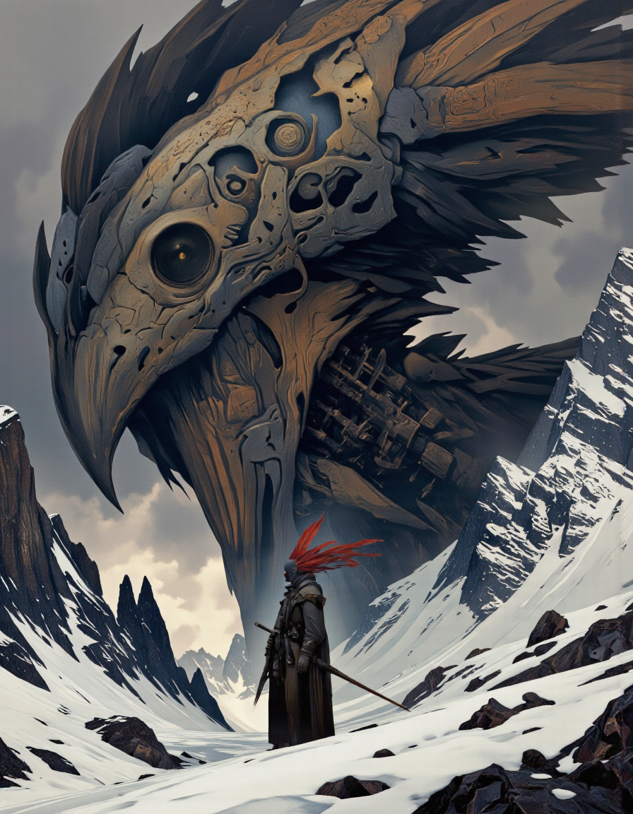 Art par Alexey Egorov. Une illustration numérique sombre et de mauvaise humeur tire à partir d'un angle de caméra de profil sur une figure mystérieuse avec une tête à plumes rouges et une grande créature en forme d'oiseau, debout dans un paysage enneigé. La figure, qui semble être un jeune garçon, est positionnée au milieu de l'image, face au spectateur. Il porte un long manteau sombre avec une garniture en fourrure et tient un fusil dans une main et une épée dans l'autre. La créature a un grand bec pointu et des serres pointues, avec un design semblable à un crâne sur sa poitrine. L'arrière-plan est un paysage montagneux avec des collines enneigées et un ciel nuageux, créant une atmosphère dramatique et inquiétante. Le style rappelle l'art fantastique sombre, avec des textures détaillées et une palette de couleurs sombre et de mauvaise humeur.