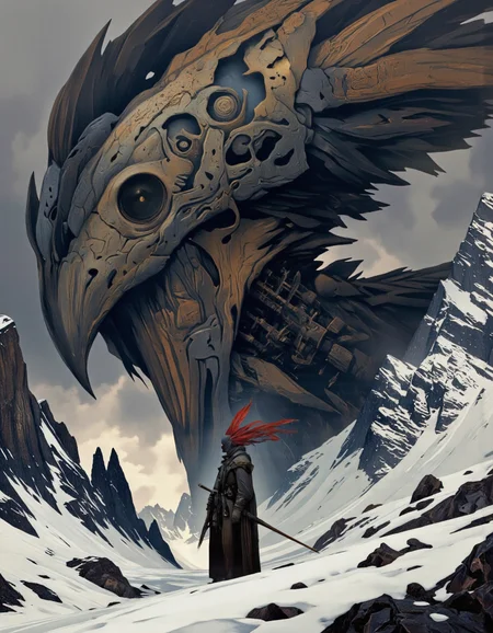 Art par Alexey Egorov. Une illustration numérique sombre et de mauvaise humeur tire à partir d'un angle de caméra de profil sur une figure mystérieuse avec une tête à plumes rouges et une grande créature en forme d'oiseau, debout dans un paysage enneigé. La figure, qui semble être un jeune garçon, est positionnée au milieu de l'image, face au spectateur. Il porte un long manteau sombre avec une garniture en fourrure et tient un fusil dans une main et une épée dans l'autre. La créature a un grand bec pointu et des serres pointues, avec un design semblable à un crâne sur sa poitrine. L'arrière-plan est un paysage montagneux avec des collines enneigées et un ciel nuageux, créant une atmosphère dramatique et inquiétante. Le style rappelle l'art fantastique sombre, avec des textures détaillées et une palette de couleurs sombre et de mauvaise humeur.