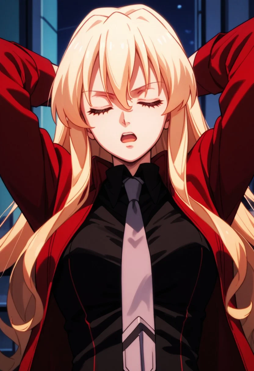 score_9,score_8_up,score_7_up,source_anime,Leticia Draculea (Adult),1girl,solo,open mouth,shirt,jacket,upper body,closed eyes,necktie,arms up,black shirt,cosplay,parody,formal,suit,arms behind head,red jacket,