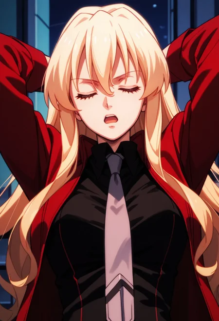 score_9,score_8_up,score_7_up,source_anime,Leticia Draculea (Adult),1girl,solo,open mouth,shirt,jacket,upper body,closed eyes,necktie,arms up,black shirt,cosplay,parody,formal,suit,arms behind head,red jacket,
