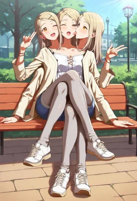 ((8arms, 4heads, trileg)),  score_9, score_8_up, score_7_up, score_6_up, score_5_up, score_4_up, shiny skin, french kiss, <lora:hiro.il:1>, hiro, aaa,
(((grey pantyhose))), fully clothed, casual, sitting on bench, ((legs crossed )), slender legs,  ((one eye closed)), outdoors , park, [shadows], light rays, Expressiveh