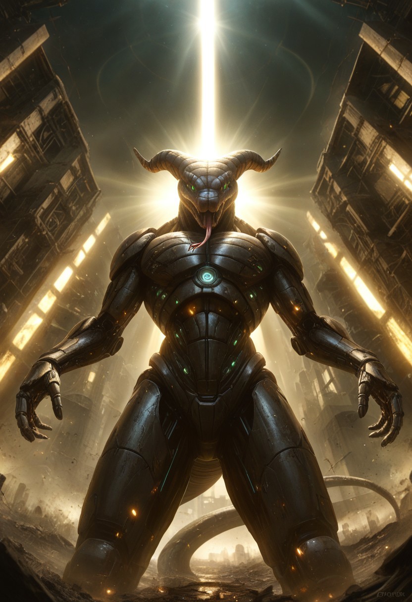 DonMX3n0T3chXL, anthropomorphic_snakes_(naga), futuristic robot snake, fully metal snake, mecha snake, giant mech robot snake, standing tall, Naruto_Manda, snake, slit pupils, green eyes, purple body, body markings, black eye markings, 2 pair of horns, black belly scales, blue tongue, forked tongue, low angle, dramatic lighting, volumetric lighting, ruined city background, detailed background, ruined sky scrapers in background, destroyed city background,