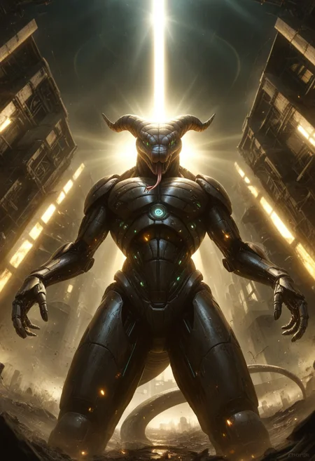 DonMX3n0T3chXL, anthropomorphic_snakes_(naga), futuristic robot snake, fully metal snake, mecha snake, giant mech robot snake, standing tall, Naruto_Manda, snake, slit pupils, green eyes, purple body, body markings, black eye markings, 2 pair of horns, black belly scales, blue tongue, forked tongue, low angle, dramatic lighting, volumetric lighting, ruined city background, detailed background, ruined sky scrapers in background, destroyed city background,