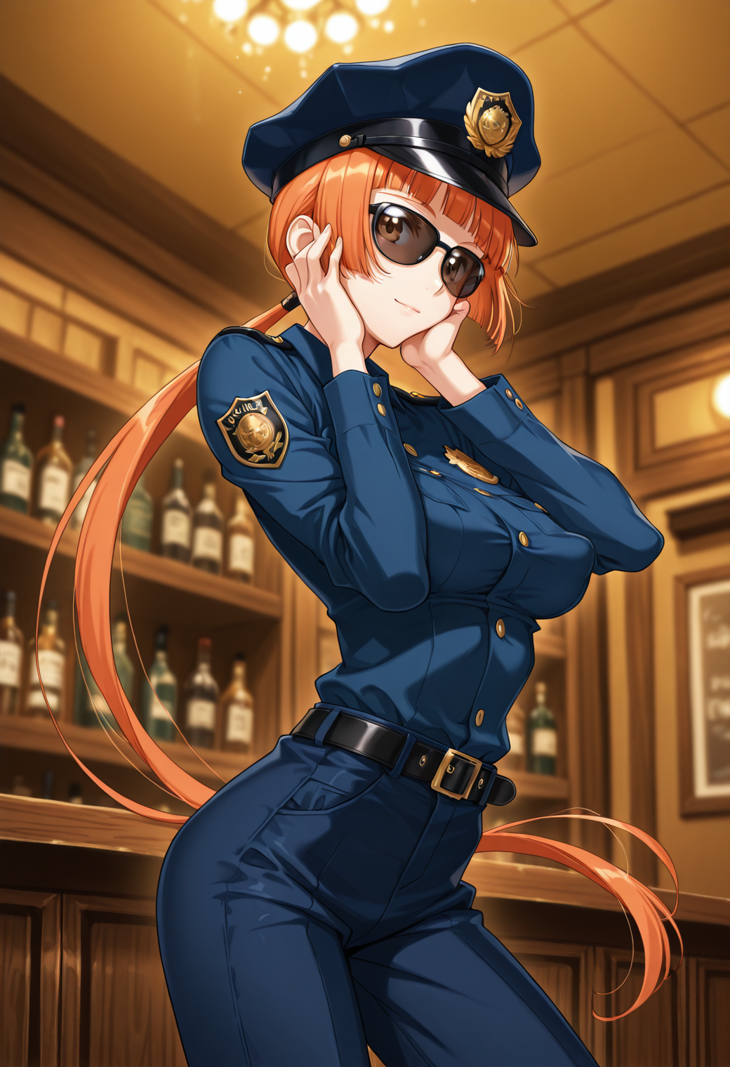(detailed background:1.1), (bloom, depth of field, blurry background:1.2), from below , pub , (dynamic pose:1.3), safe
BREAK,
(1girl, solo), orange  hair, very long  hair, low ponytail , blunt bangs , brown  eyes   , standing, hands on own cheeks   , light smile , skinny, narrow waist , medium breasts , perky breasts, sagging breasts ,
BREAK
police uniform,police hat, police badge, sunglasses  
<lora:Gegera_Style_Illustrious:1>