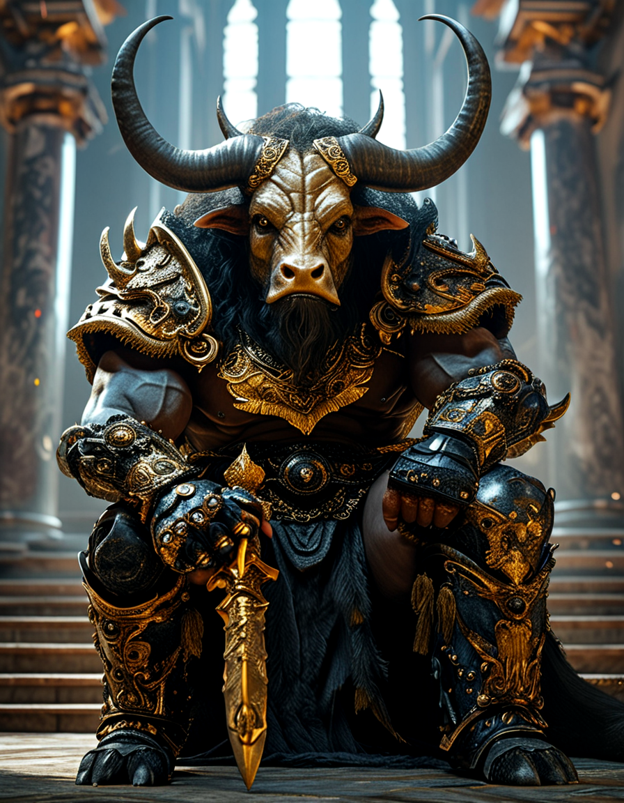 Photorealistic, Low angle shot, soft lighting, film noise, giant Minotaur, Bull Head, holding a gold scepter, big black horns, fierce malevolent expression, extremely muscular, body covered in tick fur, big gold ring piercing in nose, wearing insane details golden armor, scaled armor, damned crown between horns, standing in throne hall, looking to camera, throne behind in background, Realistic details, Fantastic scene, Cinematic, dramatic cast shadows, high contrast, dark warriors in the background, <lora:detailed_notrigger:0.75>, <lora:MJ52_v1.3:0.75>