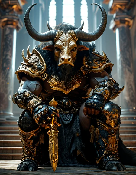 Photorealistic, Low angle shot, soft lighting, film noise, giant Minotaur, Bull Head, holding a gold scepter, big black horns, fierce malevolent expression, extremely muscular, body covered in tick fur, big gold ring piercing in nose, wearing insane details golden armor, scaled armor, damned crown between horns, standing in throne hall, looking to camera, throne behind in background, Realistic details, Fantastic scene, Cinematic, dramatic cast shadows, high contrast, dark warriors in the background, <lora:detailed_notrigger:0.75>, <lora:MJ52_v1.3:0.75>