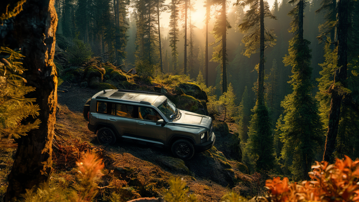 the close-up of menglong b26 in the front-end view is in the middle of trees by sunrise, in the style of peter coulson, uhd image, 8k, orange, realistic landscape paintings, wilderness, taiyÅ matsumoto, photo, realistic <lora:sdxl_menglong_b26_9_16:1.0>